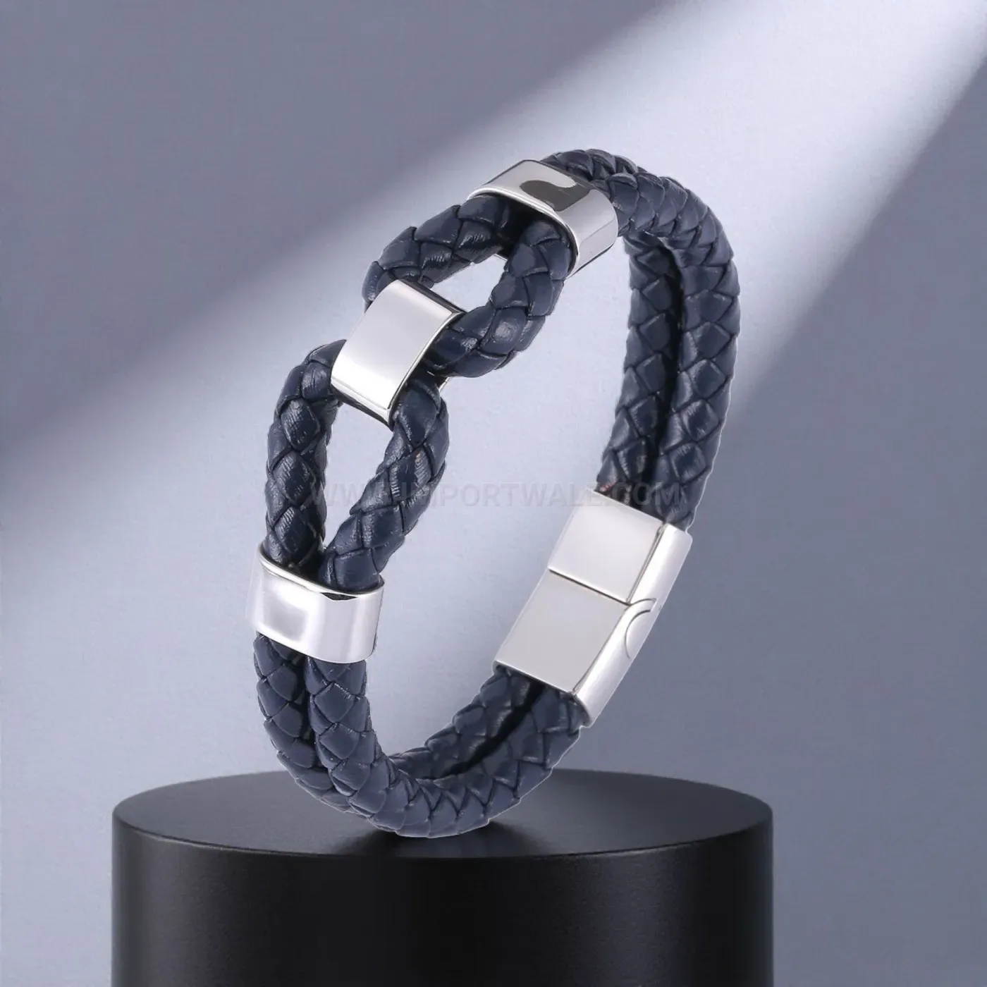 Double Strand Braided Leather Stainless Steel Men's Bracelet
