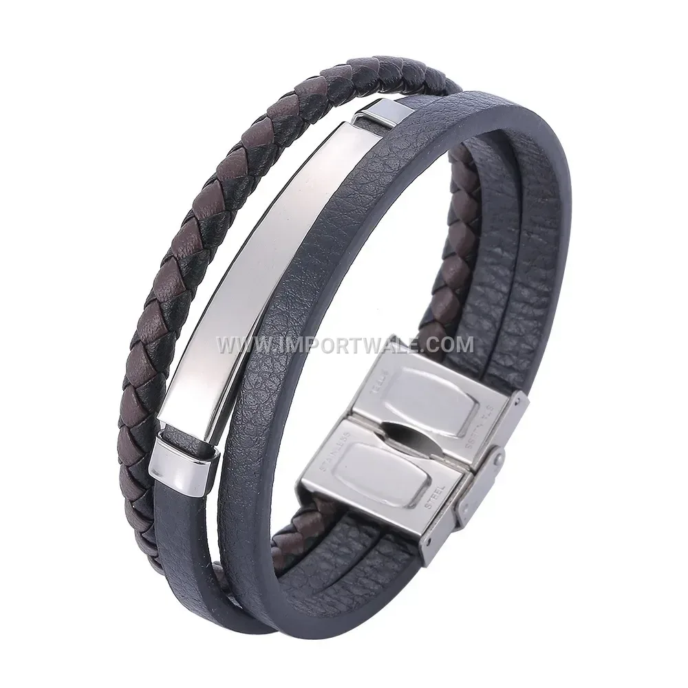 Triple Ring Woven Leather Stainless Steel Men Bracelet