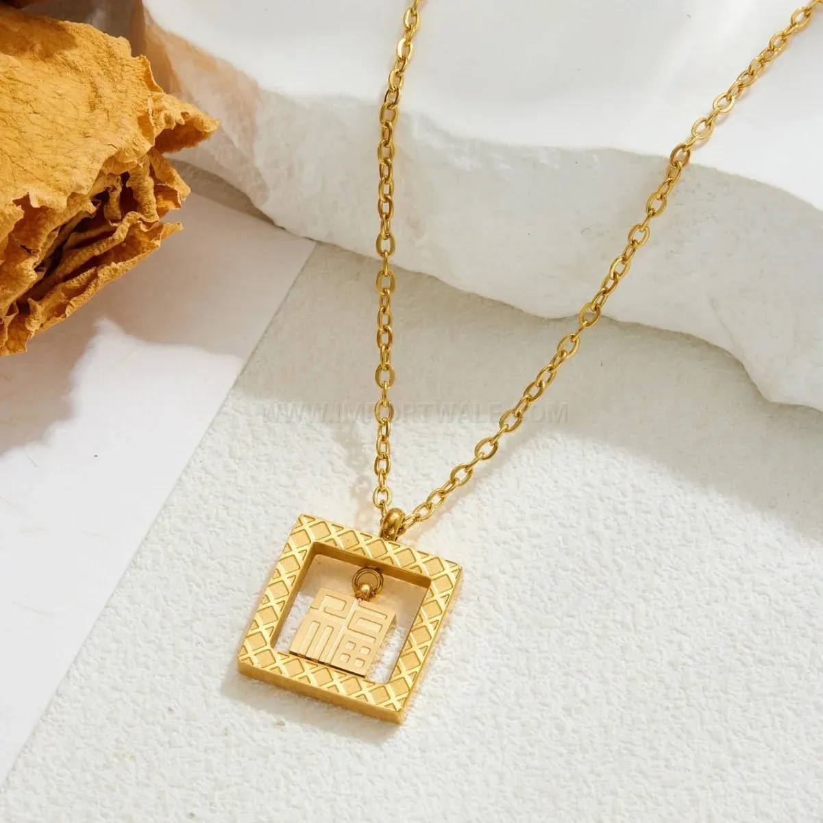 Chic Gold Stainless Steel Openwork Character Square Pendant Necklace