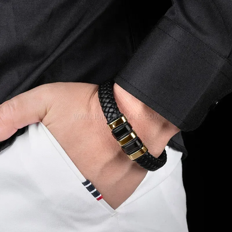 Designer Minimalist Alloy Stainless Steel Leather Cuffed Bracelet
