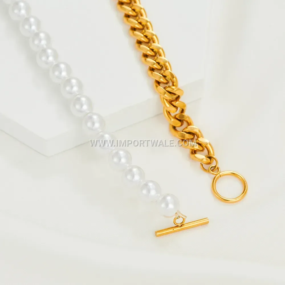 Stainless Steel Pearl Splice Cuban Chain OT Clasp Necklace