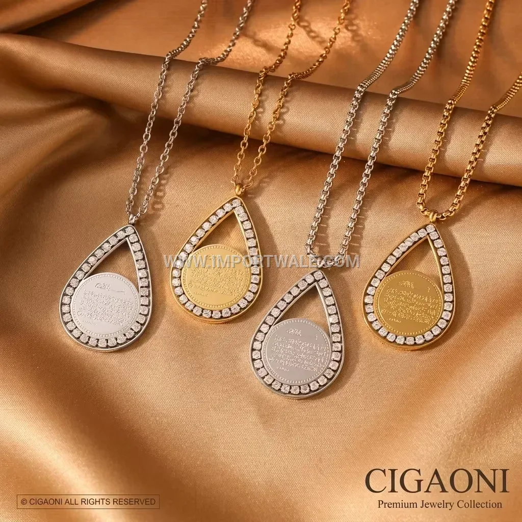 Stainless Steel Ayatul Kursi Calligraphy Teardrop Pendant Necklace With Zircon