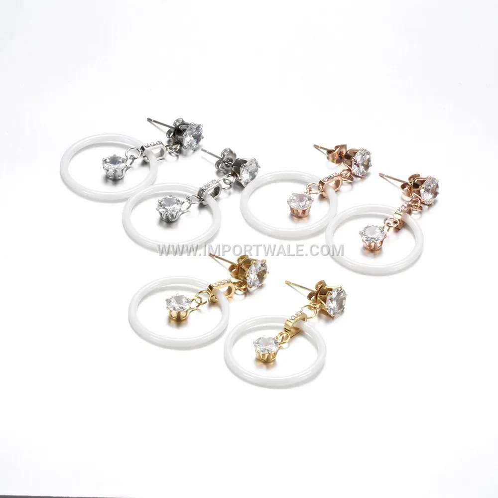 Sleek Hollow Circular Ceramic Drop Earrings Set With Zirconia