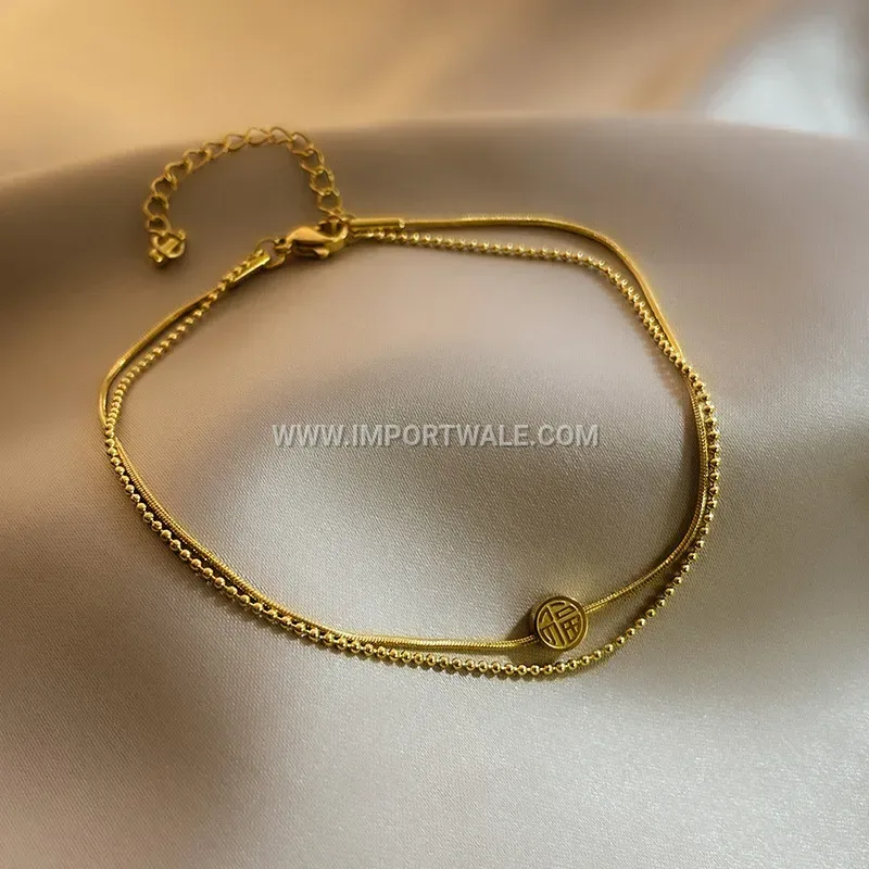 Double Layer Lucky Character Charm Anklet in Gold Tone Stainless Steel