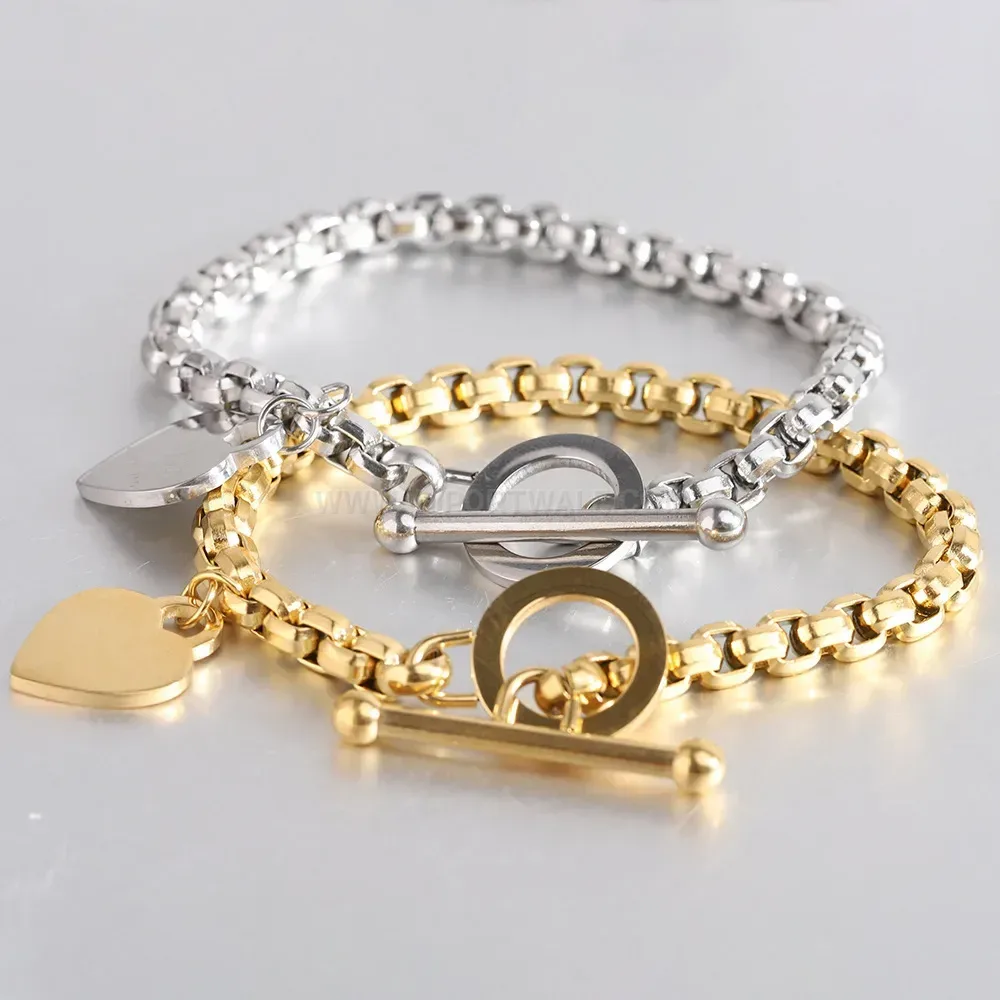 Stainless Steel Pearl Chain Bracelet with Heart OT Toggle Clasp