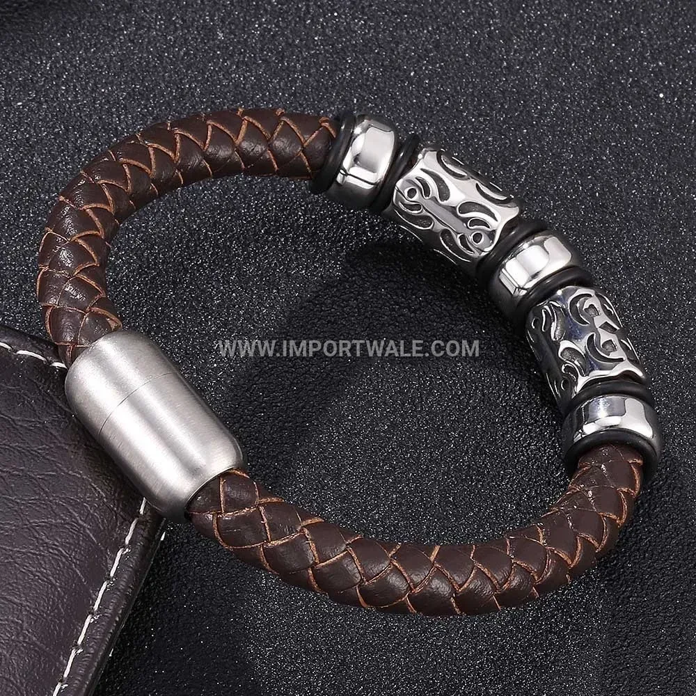Vintage Braided Brown Leather Stainless Steel Accent Bracelet for Men