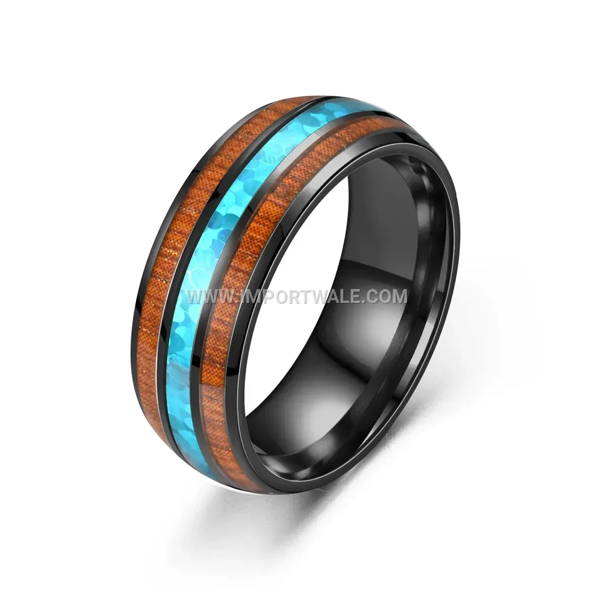 Stainless Steel Acacia Wood Shell Inlay Band Ring