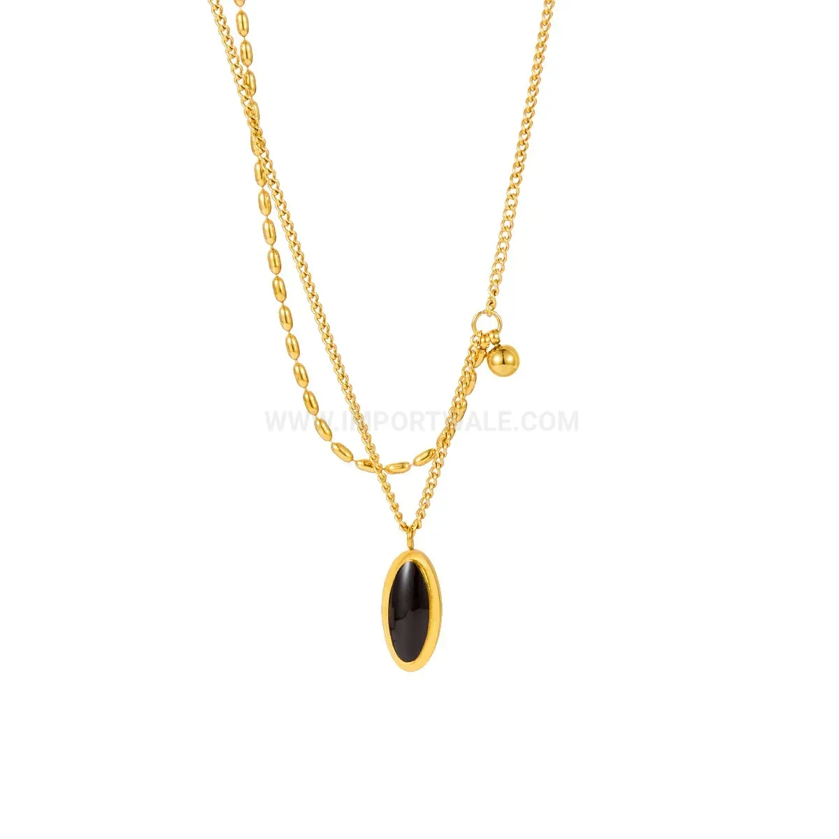 Fashion Double Layer Gold Stainless Steel Black Oval Pendant Necklace