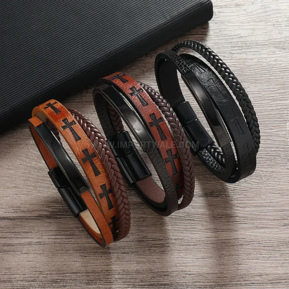 Fashion Retro Textured Double Strand Braided Leather Wristband For Men