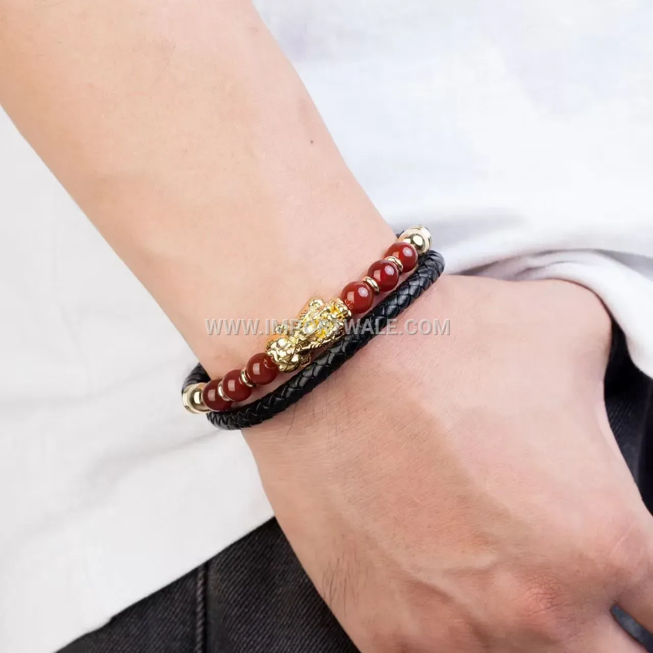 Braided Leather and Natural Stone Pixiu Charm Magnetic Bracelet