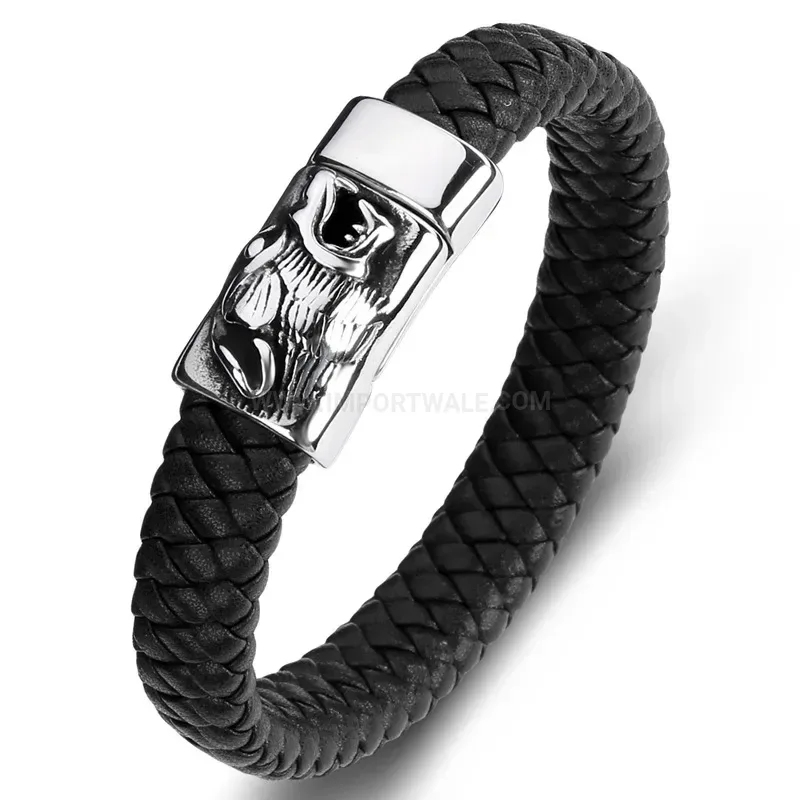 Designer Wolf Head Stainless Steel Handcrafted Leather Men's Bracelet