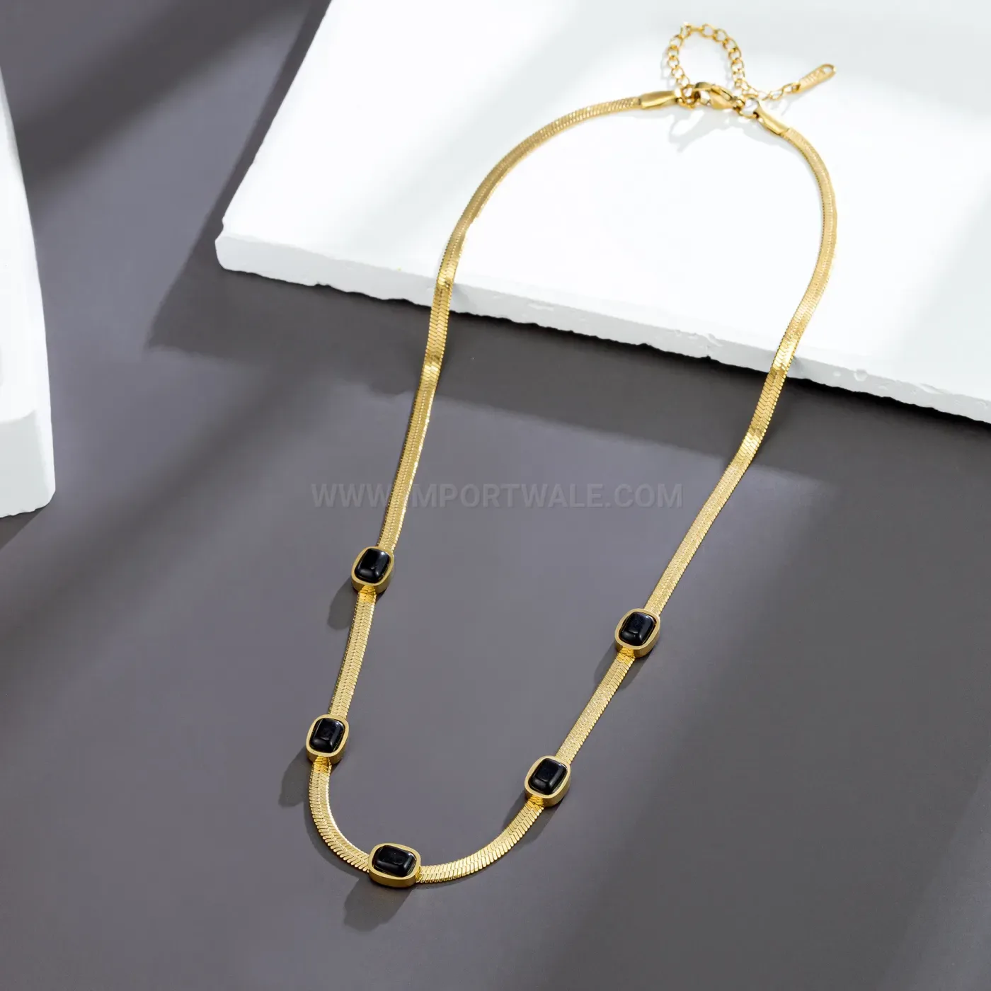 Classic Sleek Titanium Steel Snake Chain Necklace with Black Rhinestone Accent