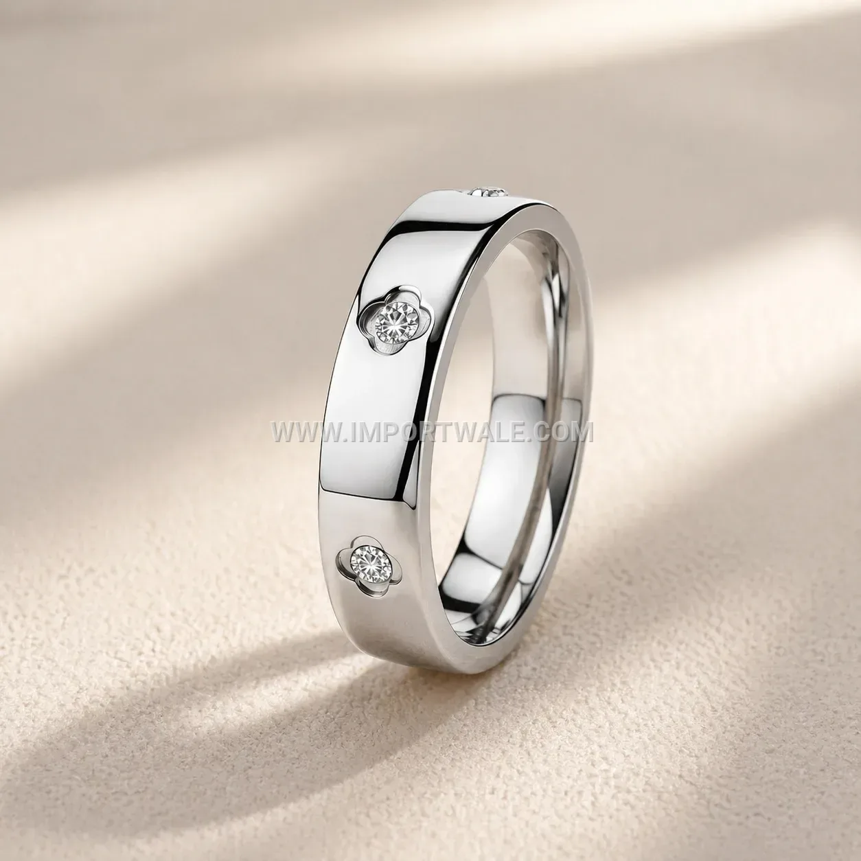 Clover Accent Stainless Steel Rhinestone Band Ring