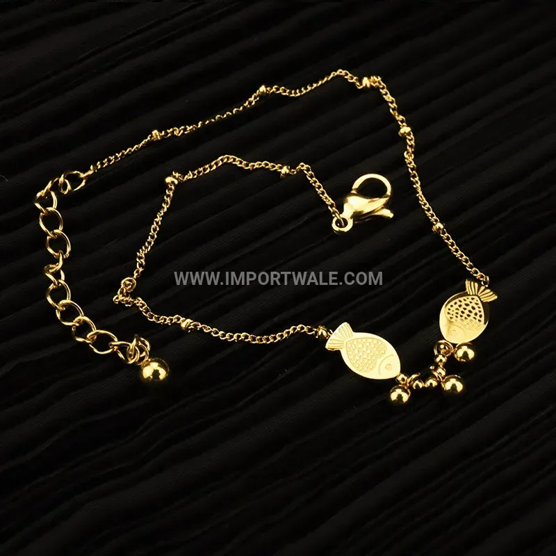 Gold Stainless Steel Fish Charm Bead Anklet