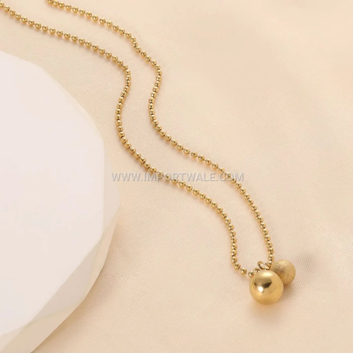 Gold Plated Stainless Steel Dual Bead Pendant Choker Necklace