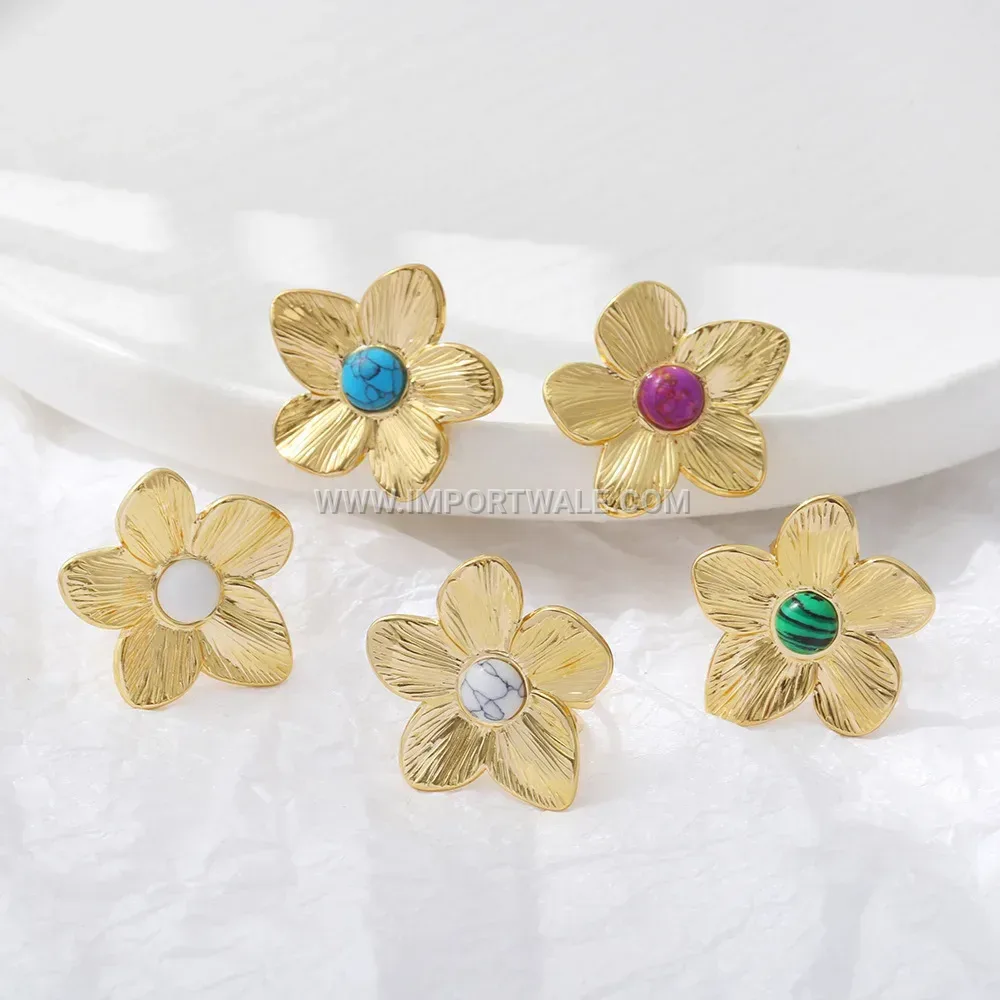 Gold Plated Floral Turquoise Stainless Steel Adjustable Ring