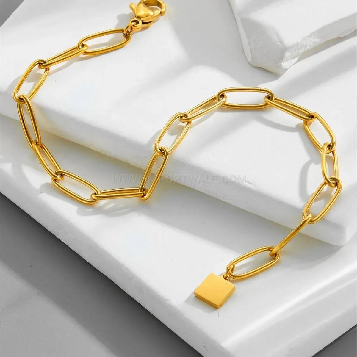 Gold Plated Stainless Steel Square Box Link Chain Unisex Bracelet