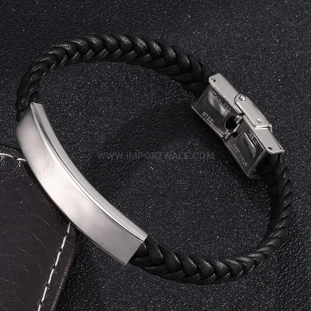 Woven Black Leather and Stainless Steel Minimalist Bracelet