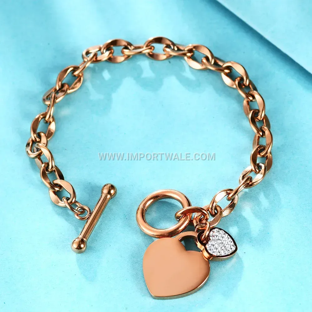 Rhinestone Heart Stainless Steel OT Toggle Chain Bracelet