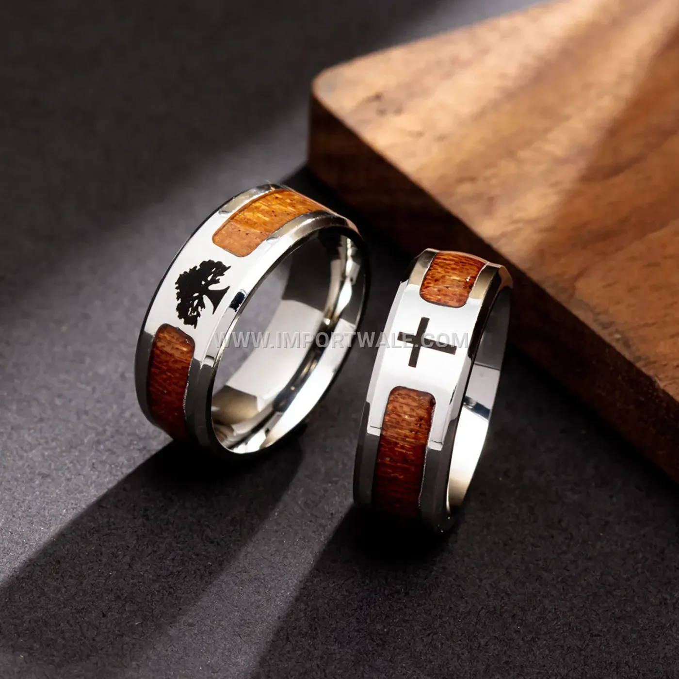 Stainless Steel Wood Grain Inlay Band Ring with Symbol Detailing