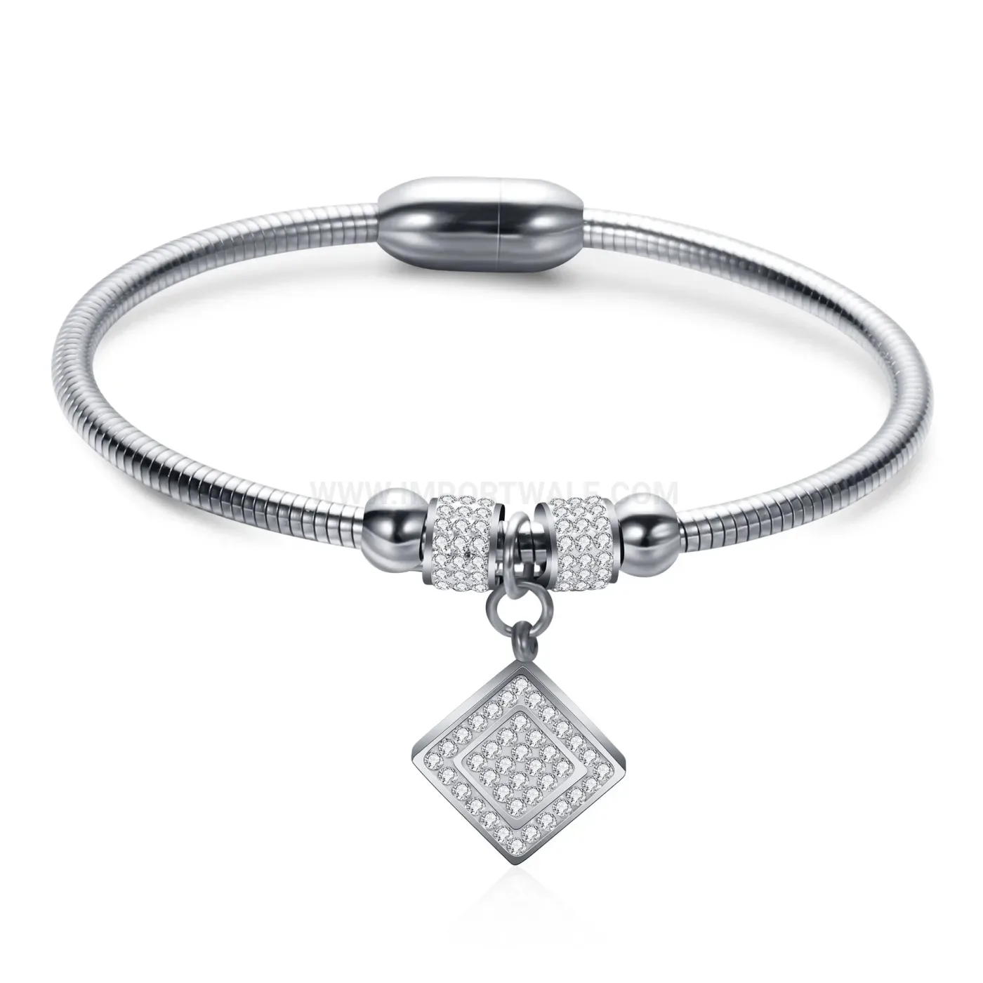 Designer Square Rhinestone Charm Snake Chain Magnetic Stainless Steel Bangle