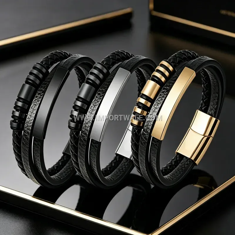 Men Multi Strand Woven Leather Bracelet Smooth Stainless Steel Clasp