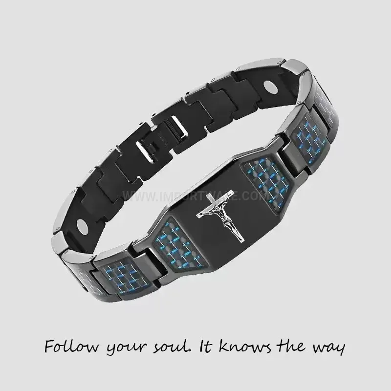 Men Titanium Steel Cross Bio Magnetic Bracelet In Black And Blue