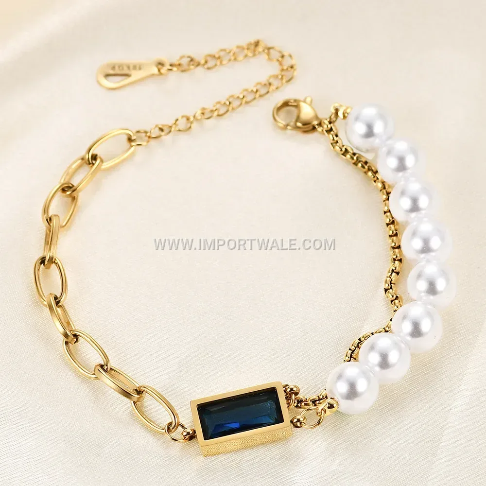 Double Layer Stainless Steel Link Bracelet with Sapphire and Imitation Pearl