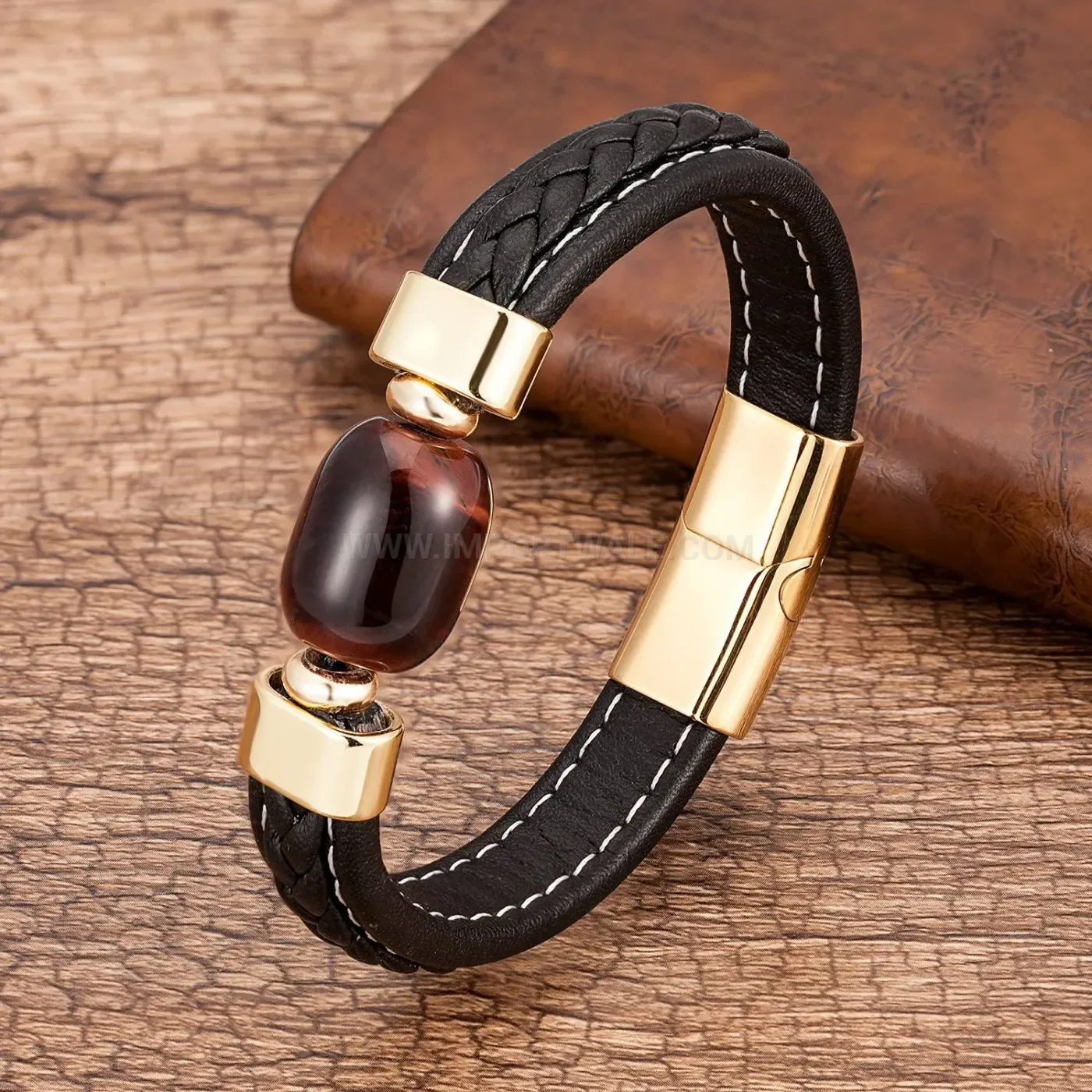 Retro Leather Cord and Natural Stone Bracelet With Stainless Steel Clasp