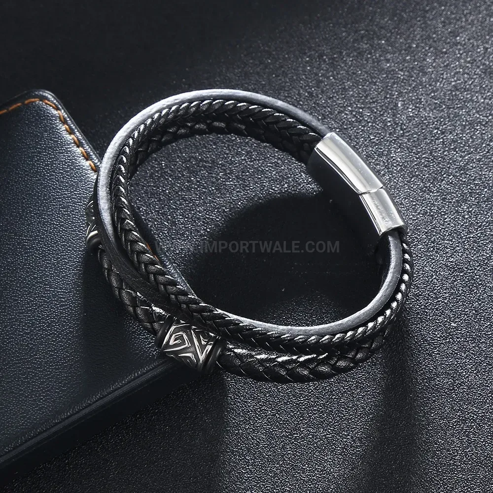 Multi-Strand Cowhide Leather Wristband with Stainless Steel Accents