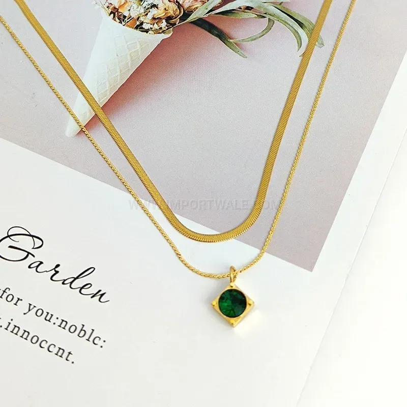 Double Layer Titanium Steel Chain Necklace with Green Square Crystal Pendant