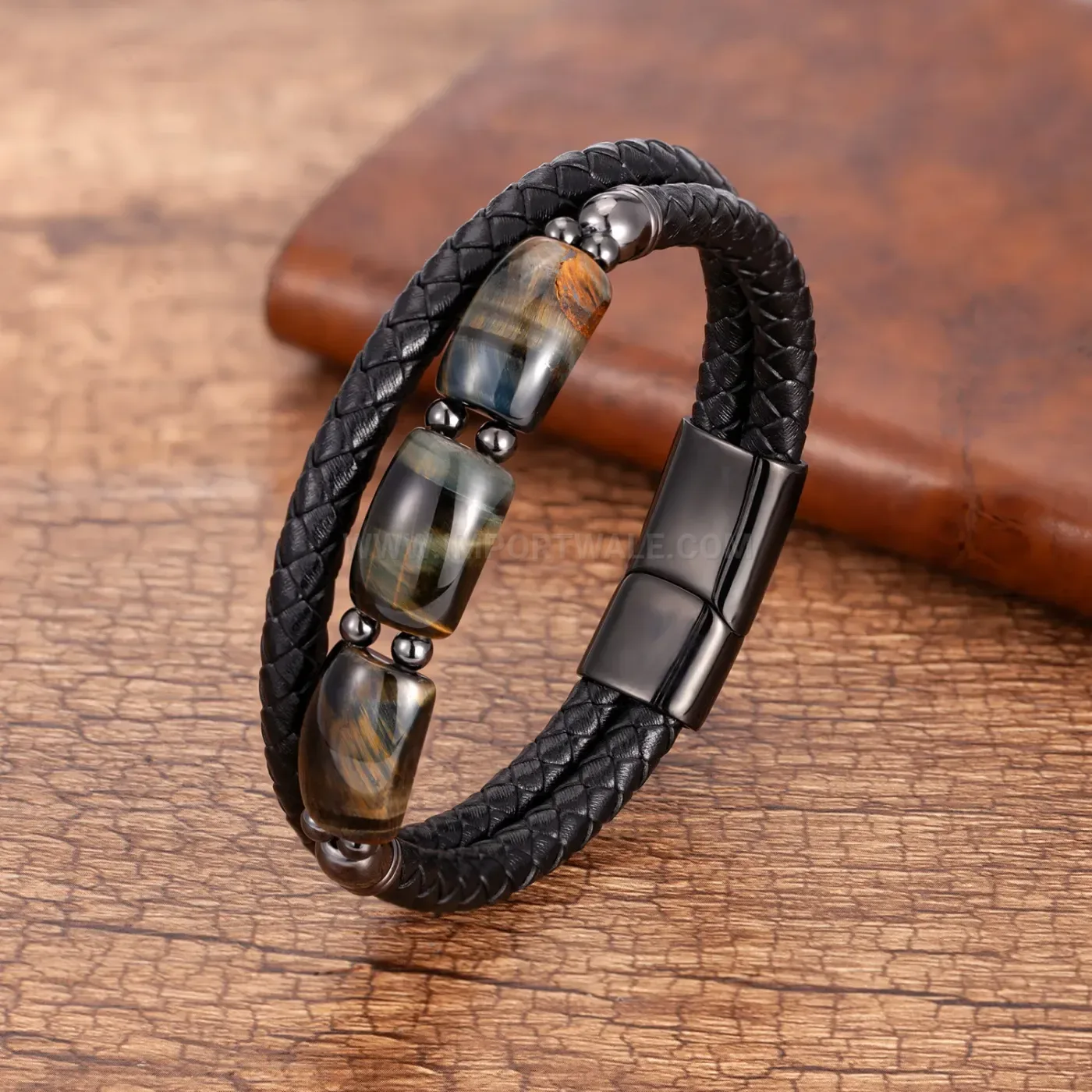 Braided Leather Bamboo Stone Bracelet with Stainless Steel Magnetic Clasp