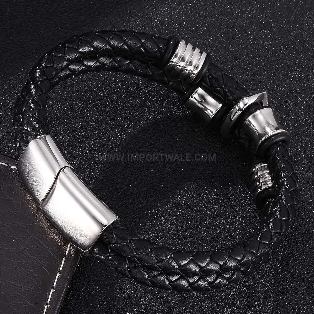Designer Woven Leather Skull Detail Stainless Steel Charm Bangle