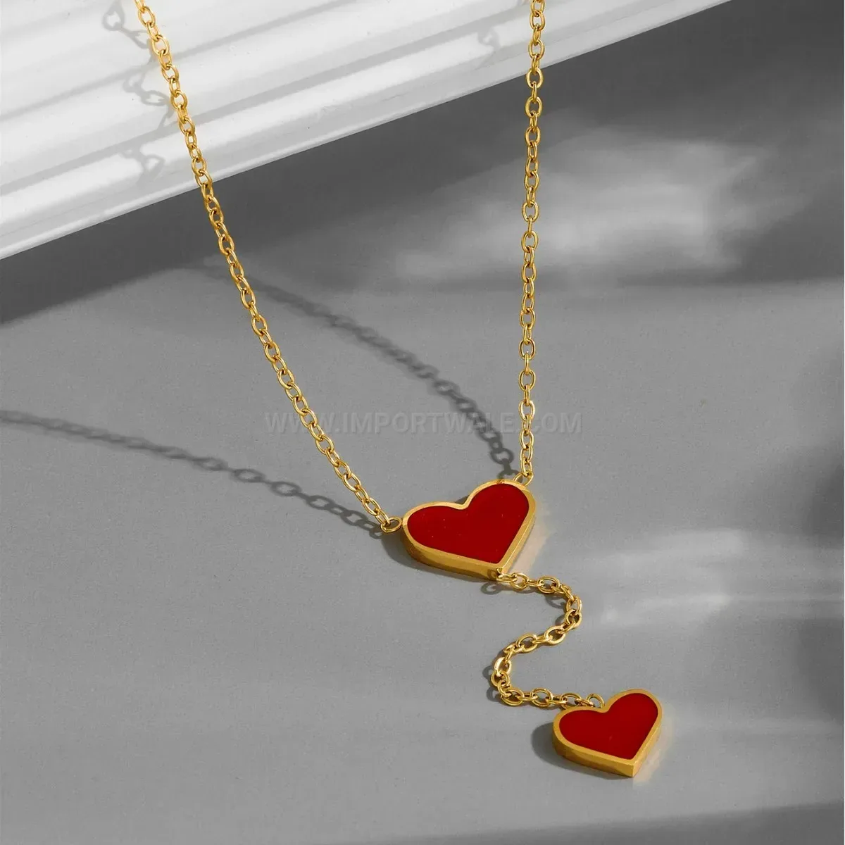 Modern Gold Tone Titanium Steel Red Heart Zircon Necklace