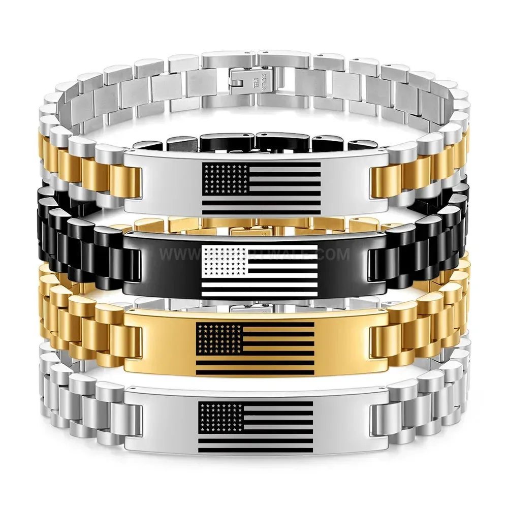Stainless Steel US Flag Heart Engraved Link Bracelet