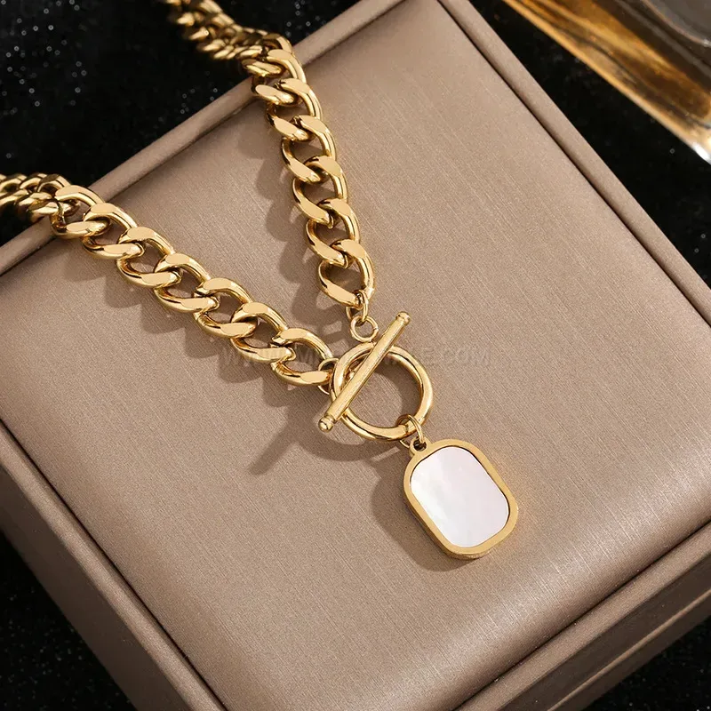 Faux Mother of Pearl Pendant Titanium Steel Mixed Chain Necklace