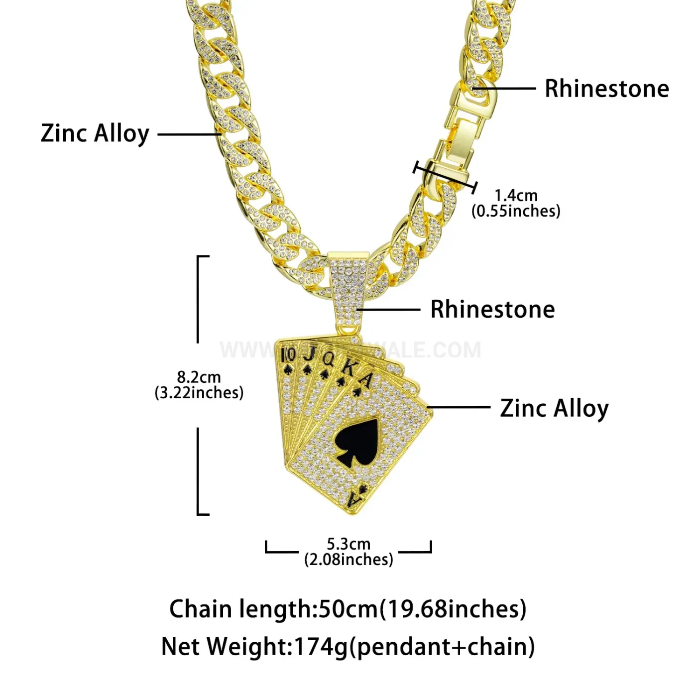 Iced Out Playing Card Pendant Necklace with Cuban Link