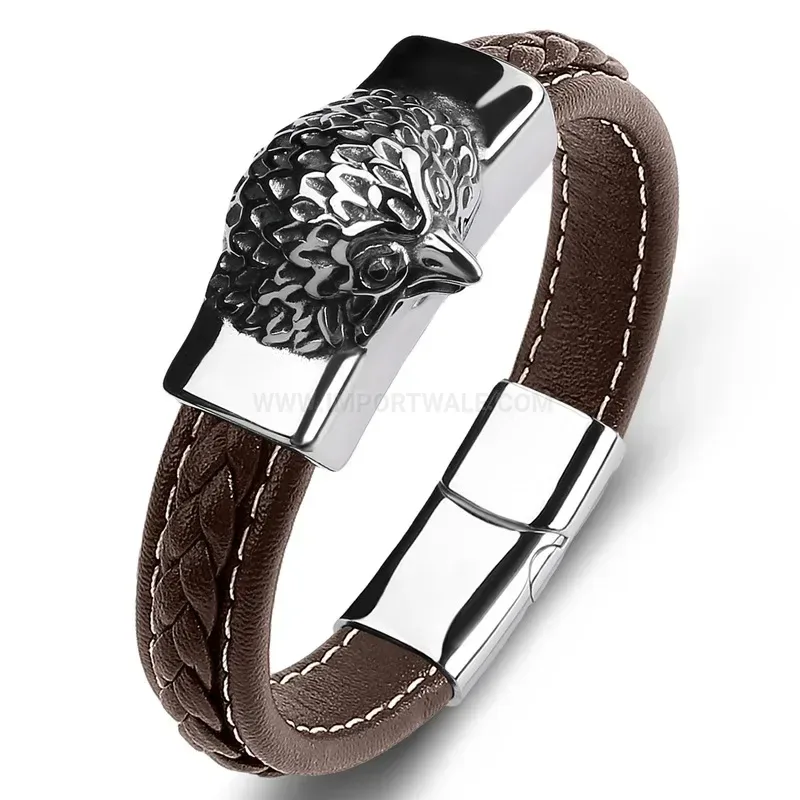 Classic Eagle Beak Stainless Steel Leather Men Wrap Bracelet