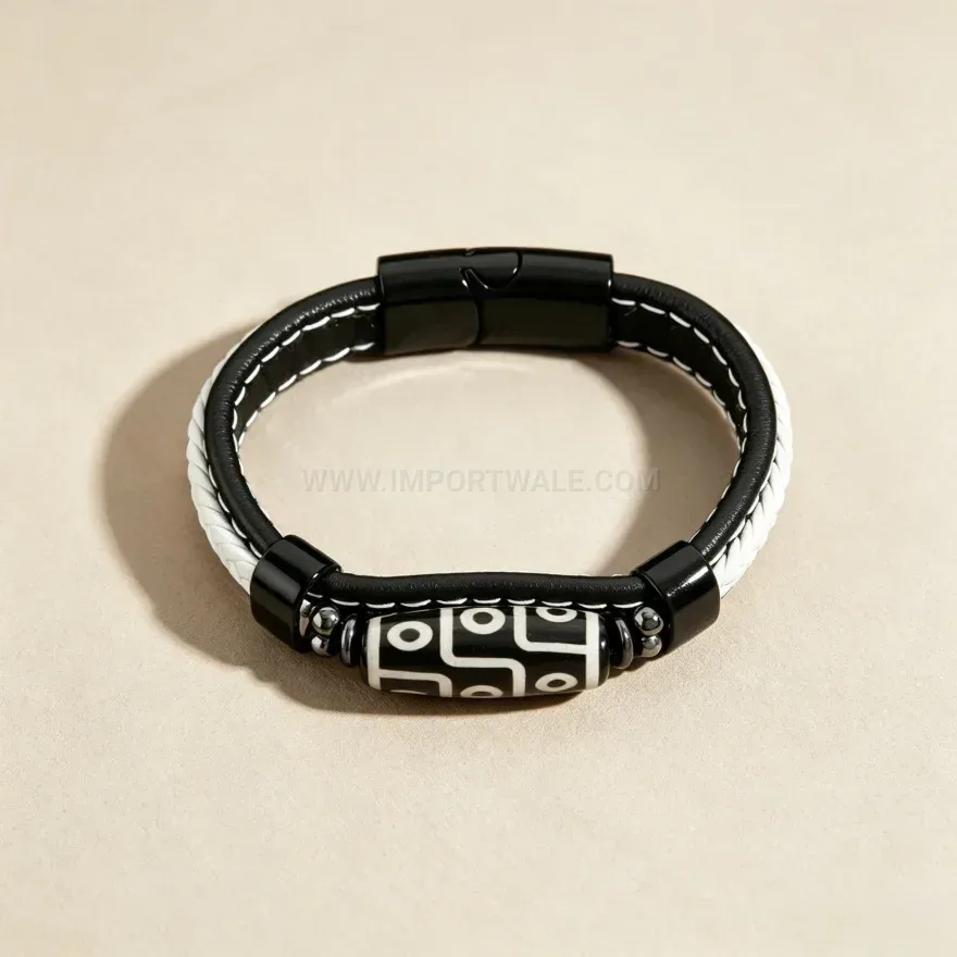 Classic Tibetan Dzi Bead Braided Leather Magnetic Steel Bracelet