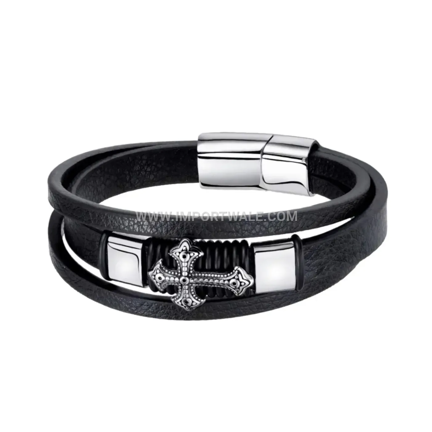 Men's Cross Charm Multi-Layer Leather Bracelet with Magnetic Clasp