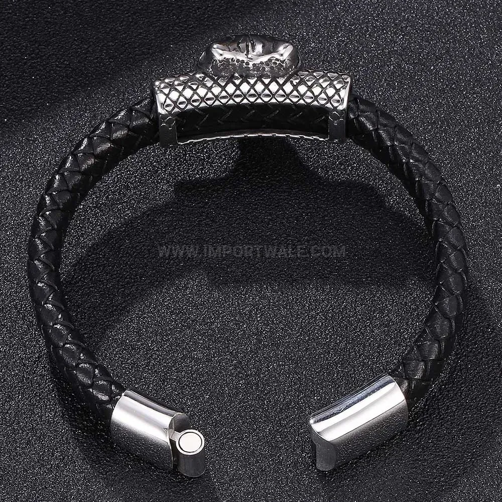 Designer Beast Motif Stainless Steel Magnetic Leather Wristband