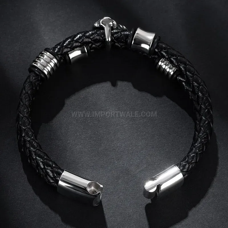 Bold Stainless Steel Rose Skull Beaded Genuine Leather Bracelet Accent