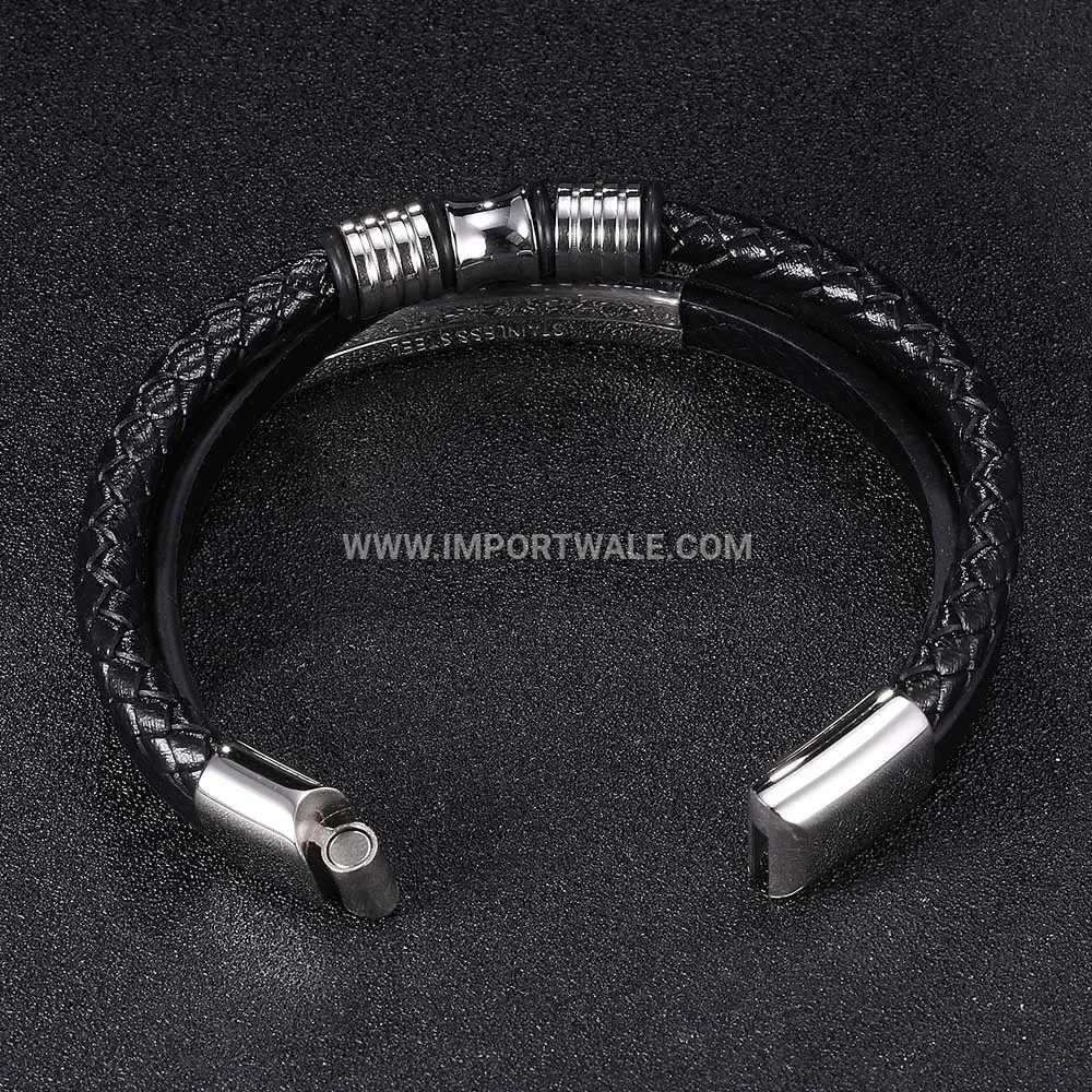 Braided Black Leather Stainless Steel Accent Men Bracelet
