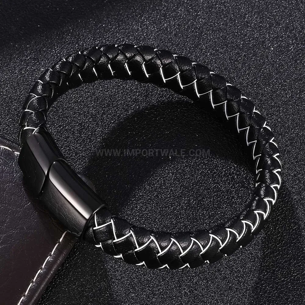 Woven Leather Wire Stainless Steel Clasp Bracelet