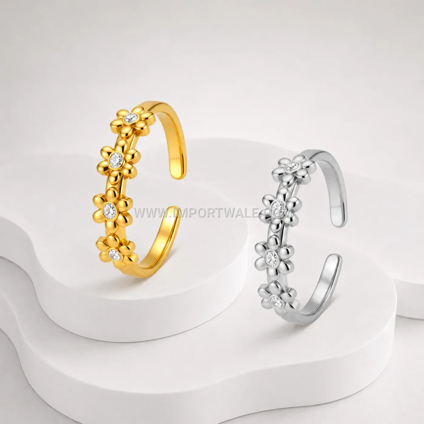 Pave Zircon Floral Adjustable Stainless Steel Ring