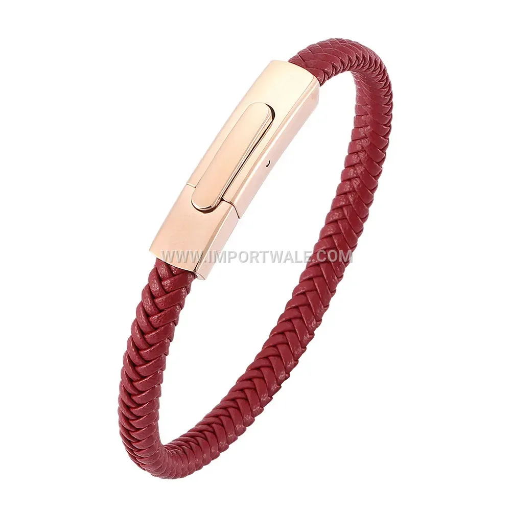 Braided Leather Bracelet with Plated Stainless Steel Snap Clasp