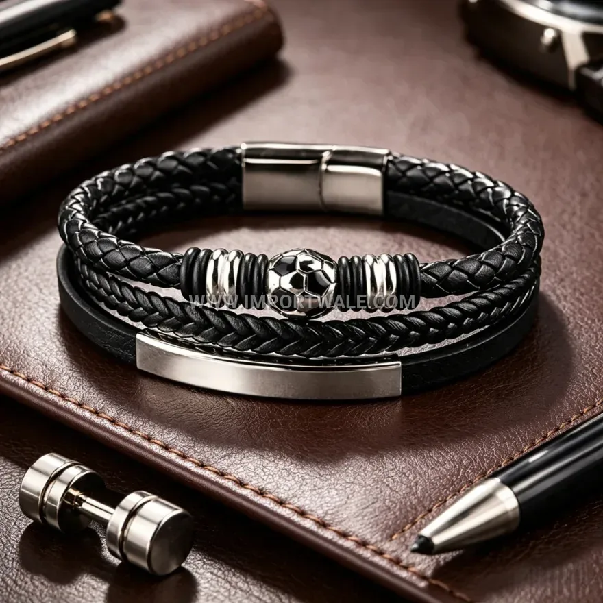 Braided Leather Football Charm Bracelet with Alloy Magnetic Clasp