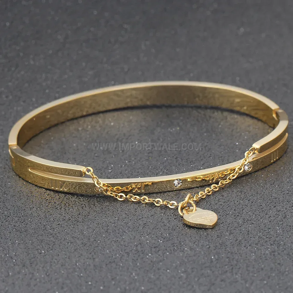 Modern Roman Numerals Heart Rhinestone Stainless Steel Bangle Bracelet