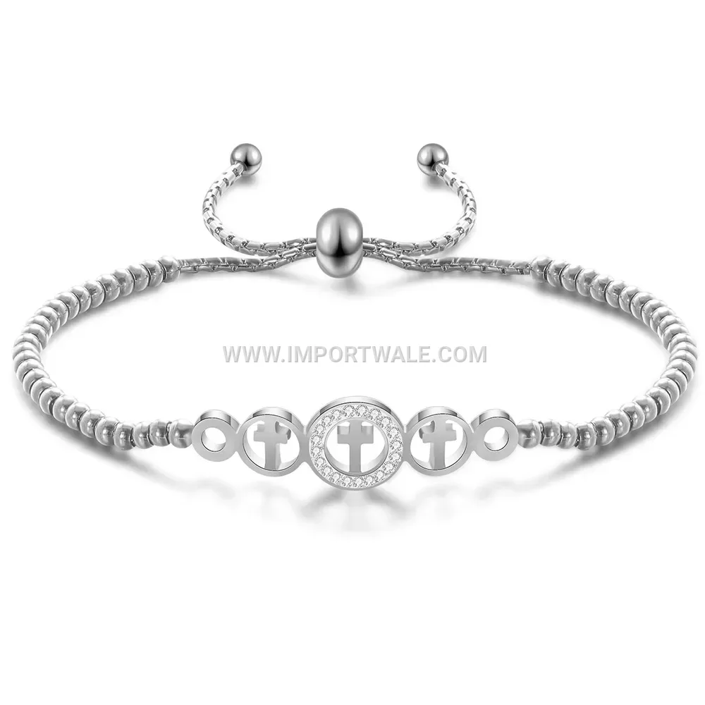 Stainless Steel Rhinestone Cross Charm Adjustable Bracelet