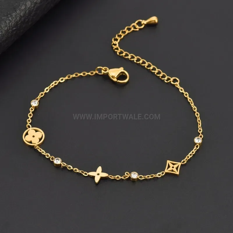 Trendy Titanium Steel Four Leaf Clover Crystal Pendant Necklace and Bracelet